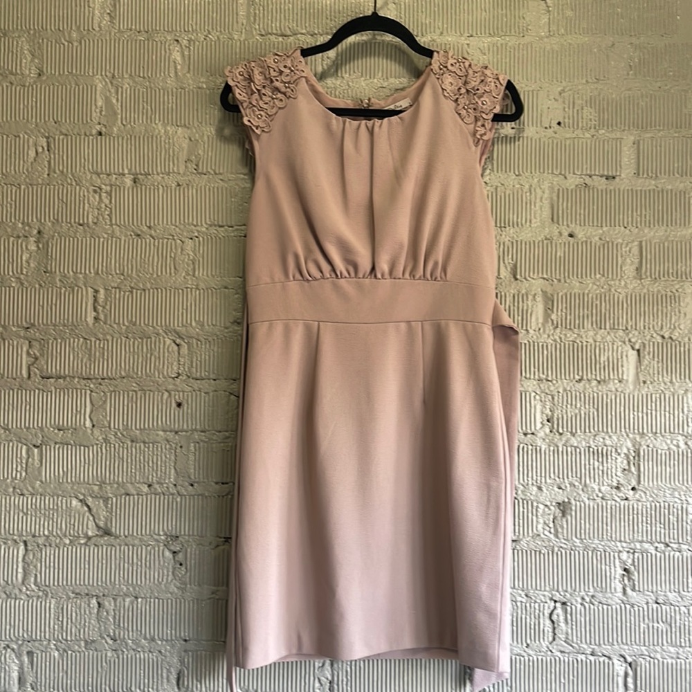 Neutral cap sleeve mini dress textured/beaded floral shoulder